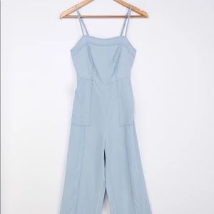 Lulus Simply Darling Light Blue Chambray Tie-Back Cutout Jumpsuit